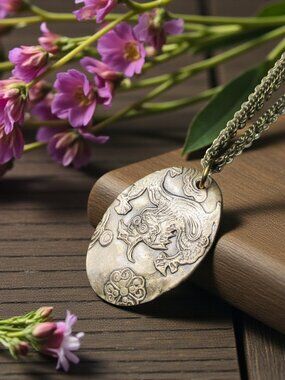 Dragon Cherry Blossom Necklace, Bronze Pendant